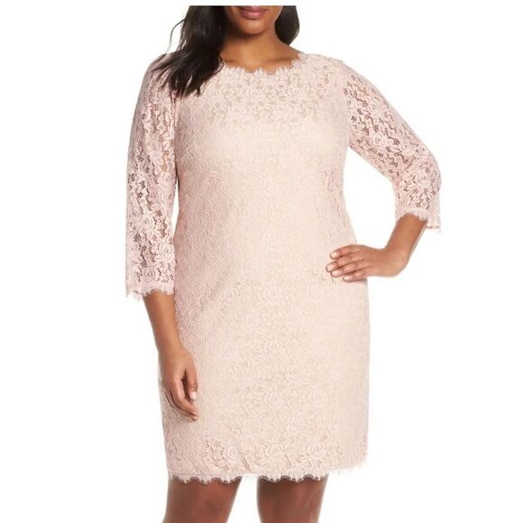 Eliza J Blush Rose Lace Overlay Bodycon Sheath 3/4 Length Sleeve Dress - Picture 1 of 10